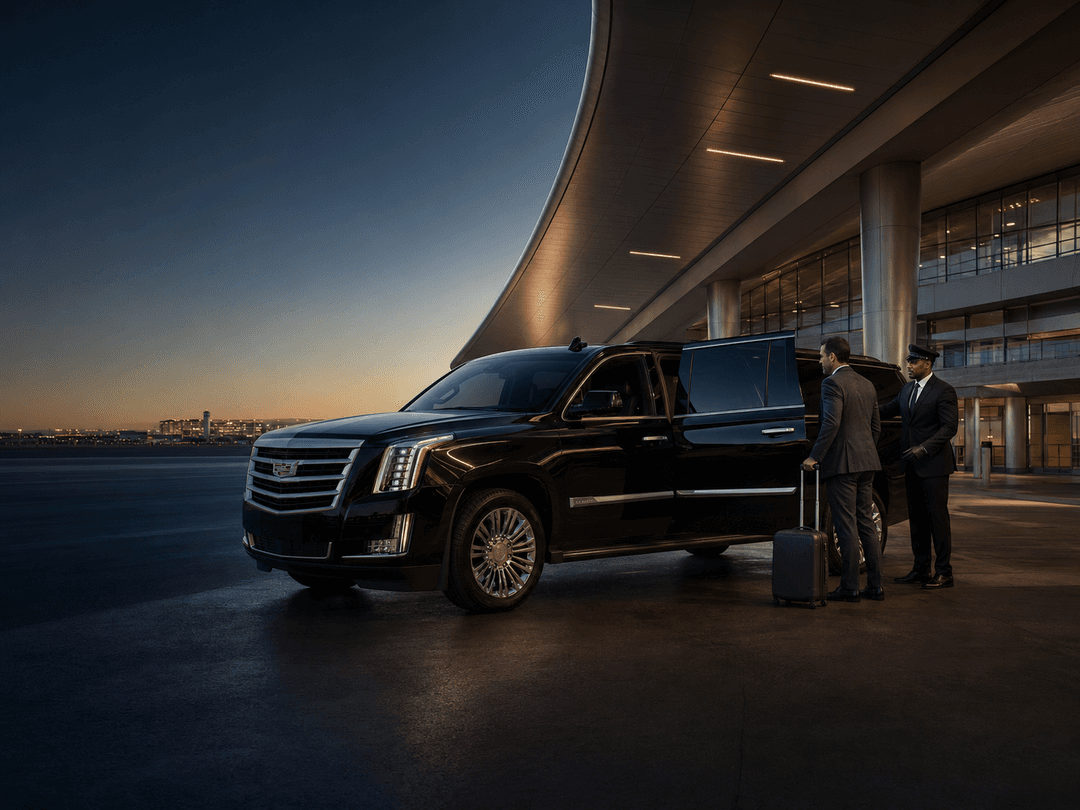 Professional airport chauffeur assisting a traveler beside a black Cadillac Escalade